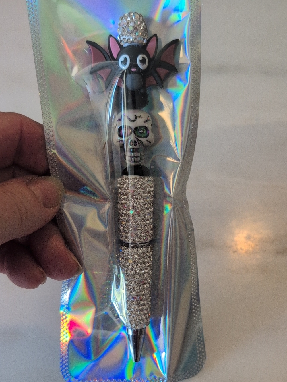 Bling Rhinestone Skull & Bat Decorative Ballpoint Pen - Black